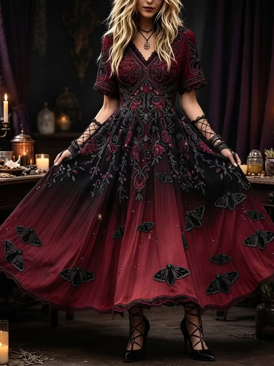 Women's Gothic V-neck Short-sleeved Maxi Dress, Adorned With Gradient Red And Black Moth Patterns And Vintage Floral Prints.