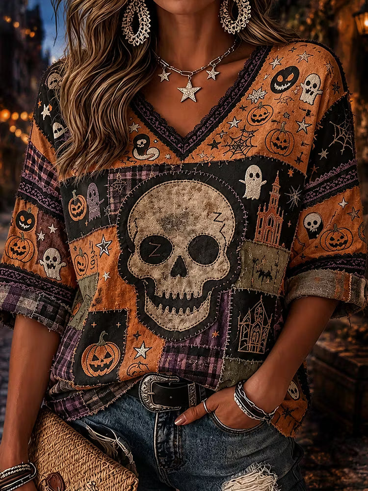 Women's Vintage Halloween Retro Skull Art Patchwork Cotton Linen Casual V-neck Short Sleeve Top