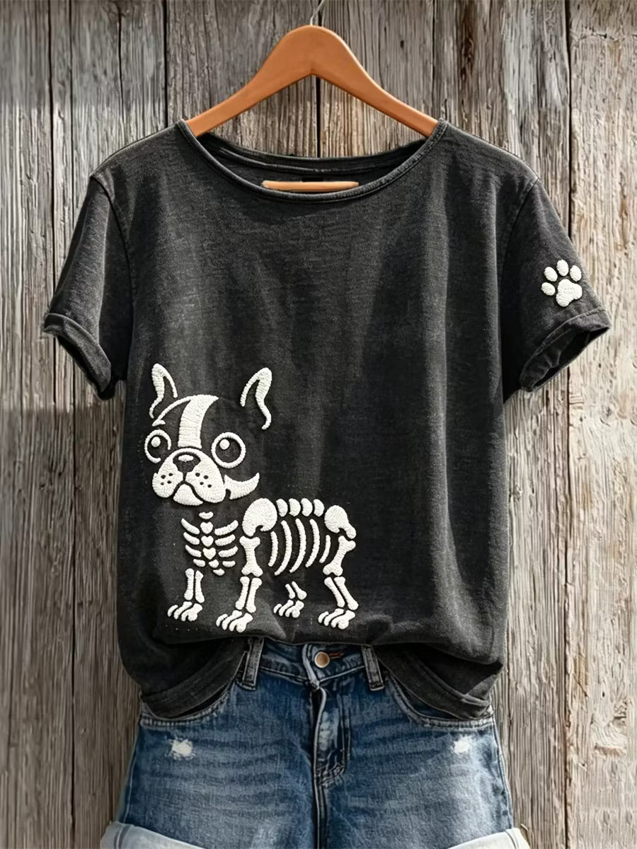 Women's Halloween Skull Boston Terrier Pattern Art Print Casual T-shirt