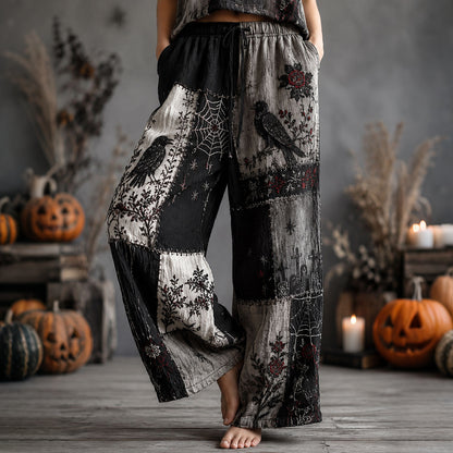 Women's Halloween Rose, Crow, And Spiderweb Color-blocked Cotton Linen Pants