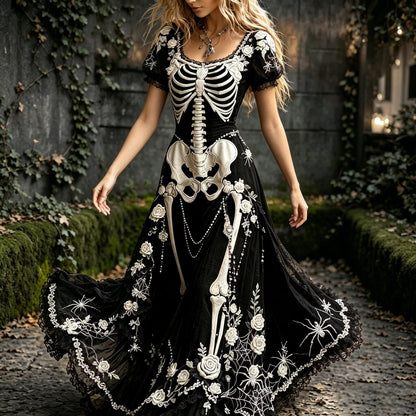 Women's  Retro Gothic Spider Skull Floral Pattern Short Sleeves Maxi Halloween Dress