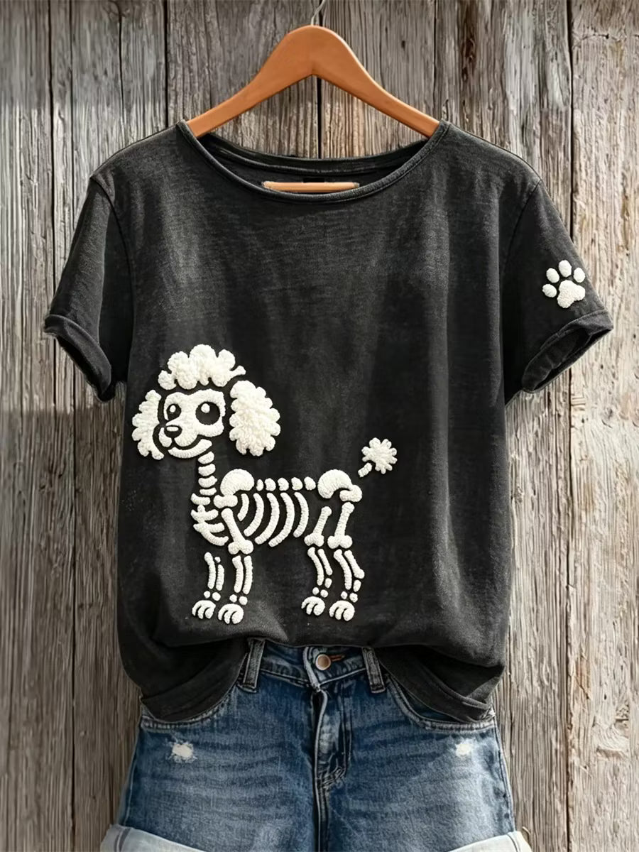 Women's Halloween Skull Poodle Pattern Art Print Casual T-shirt