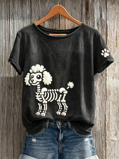 Women's Halloween Skull Poodle Pattern Art Print Casual T-shirt
