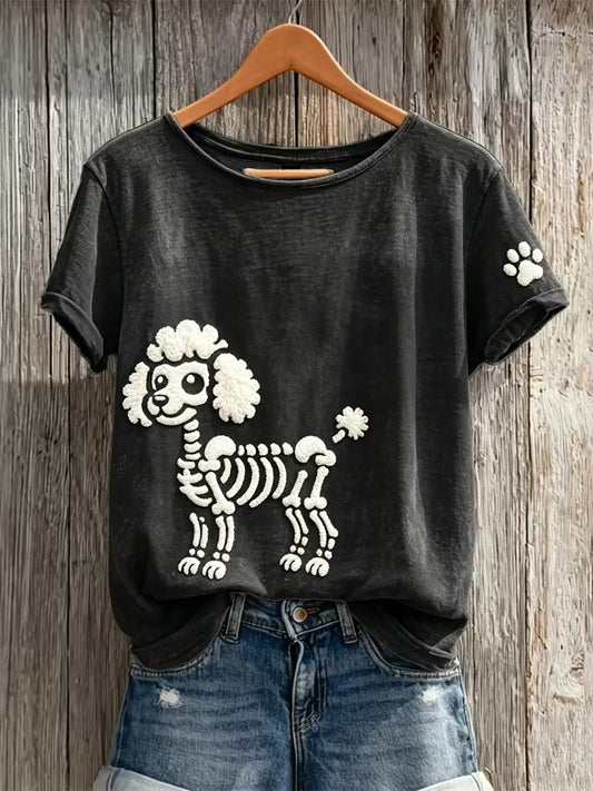 Women's Halloween Skull Poodle Pattern Art Print Casual T-shirt