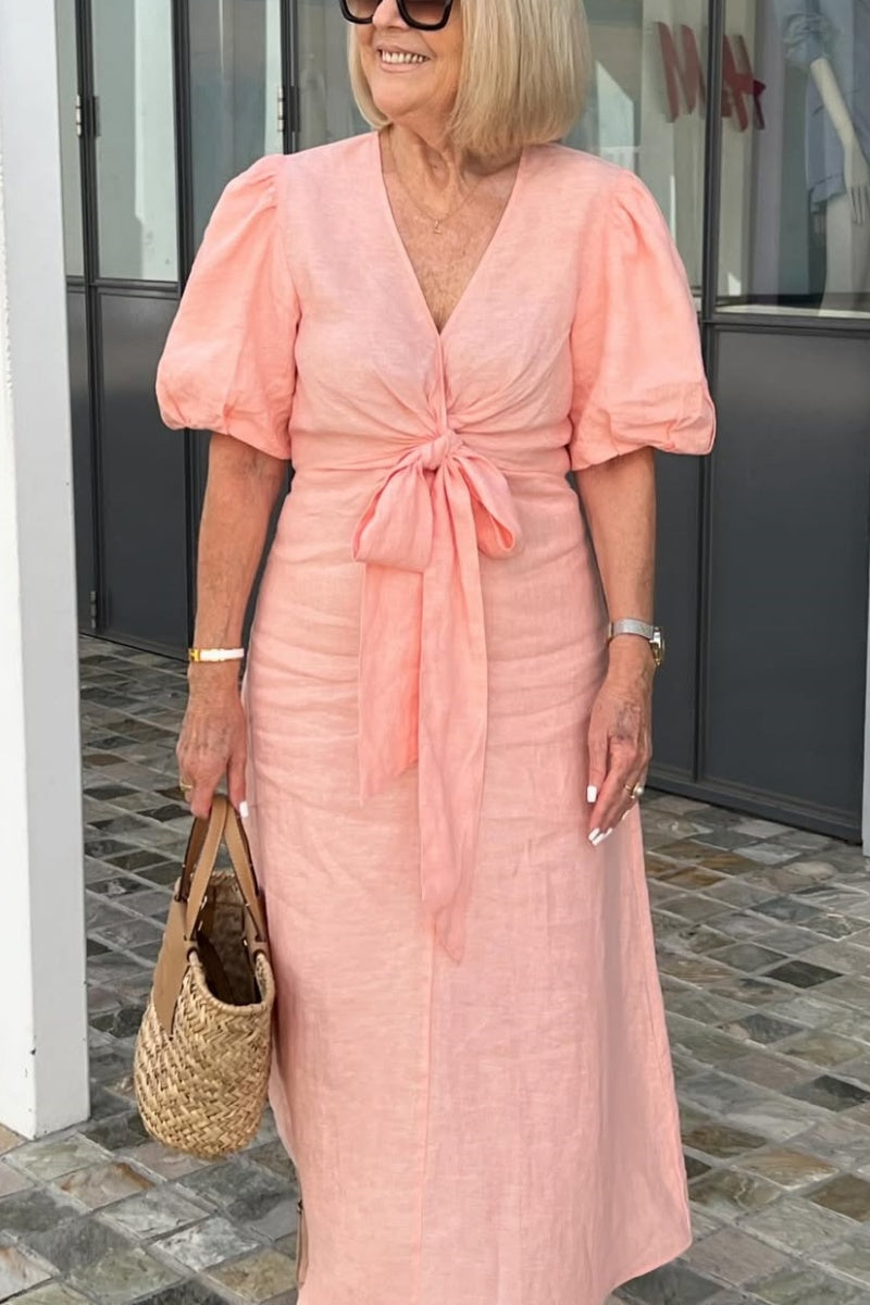 V-neck Tie-waist Puff Sleeve Cotton Dress