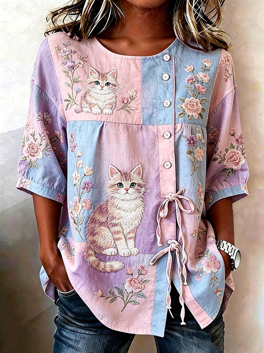 Women's Denim Cat Portrait Patchwork Art Print Casual Top