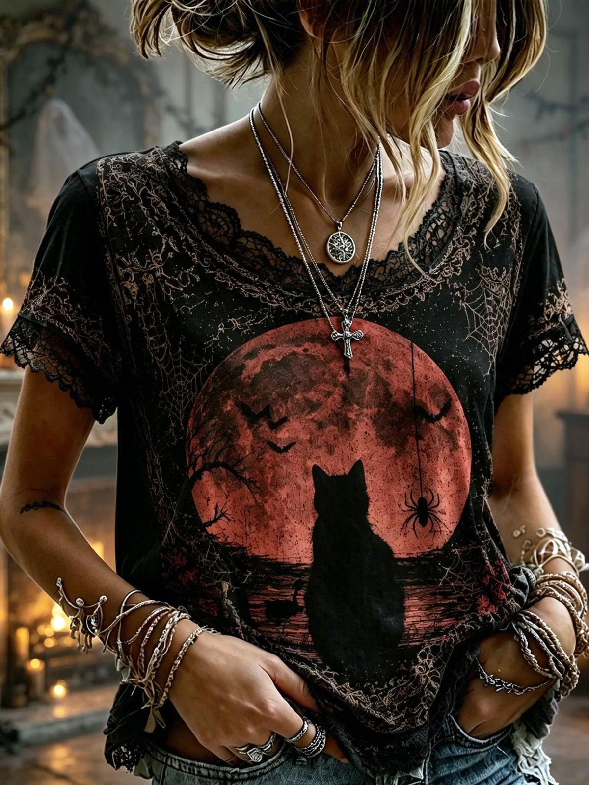 Women's Retro Bohemian Style Halloween Cat And Blood Moon Print Top