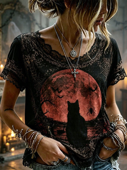 Women's Retro Bohemian Style Halloween Cat And Blood Moon Print Top