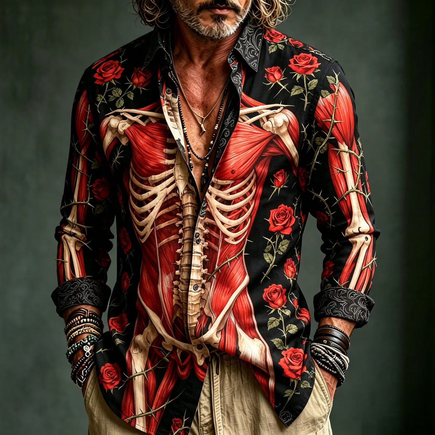 Men's Retro Halloween Anatomy Rose Print Long-sleeve Shirt