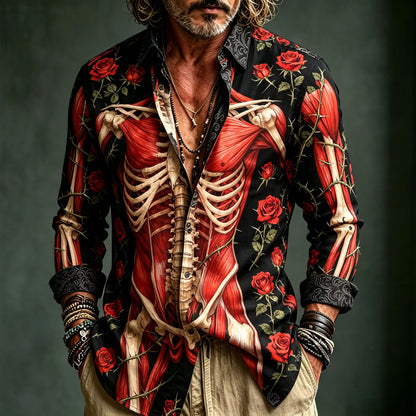 Men's Retro Halloween Anatomy Rose Print Long-sleeve Shirt