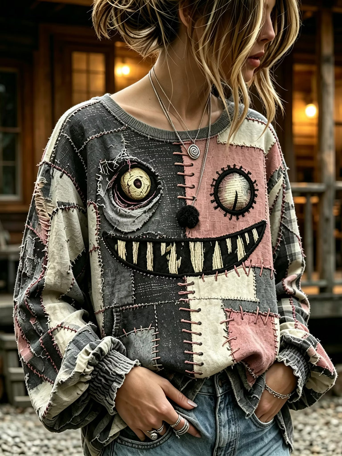 Women's Retro Halloween Patchwork Crew Neck Long Sleeve T-shirt
