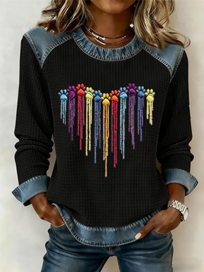 Women's Colorful Dog Heart Paw Print Casual Top
