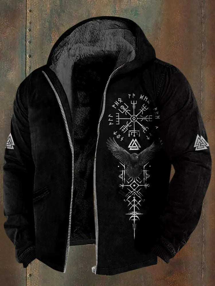 Men's Retro Viking Print Zipper Fleece Jacket