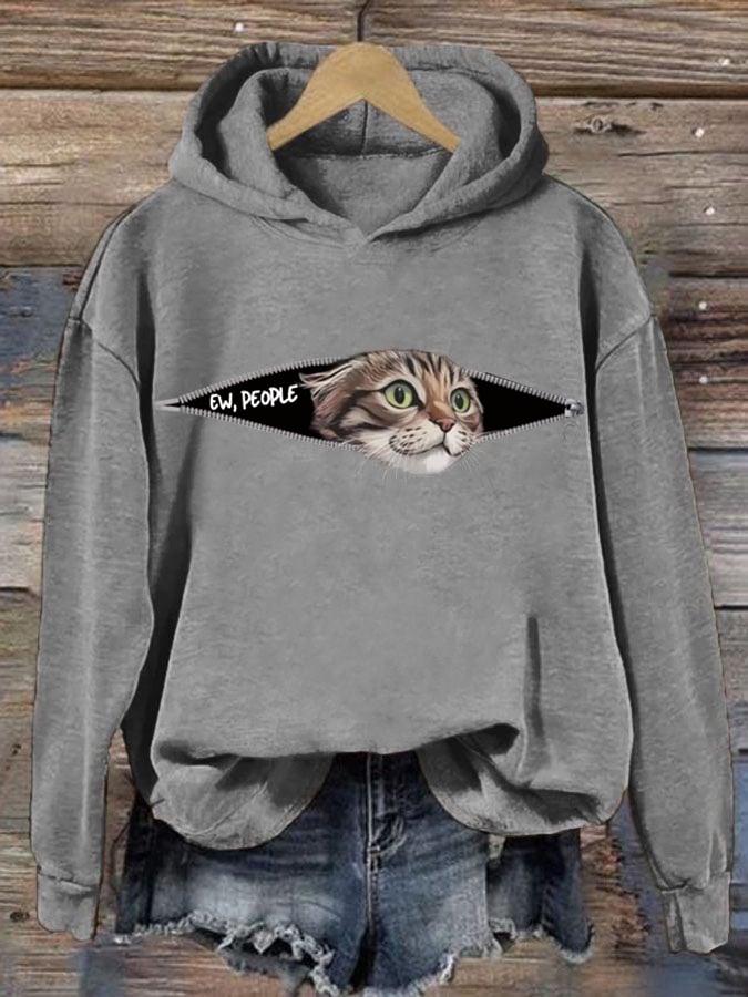 Women's Ew People Cat Print Hoodie