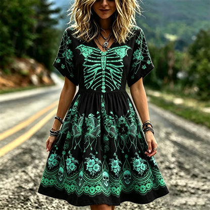 Men's Dark Retro Floral Spiderweb Design V-neck Short-sleeved Dress