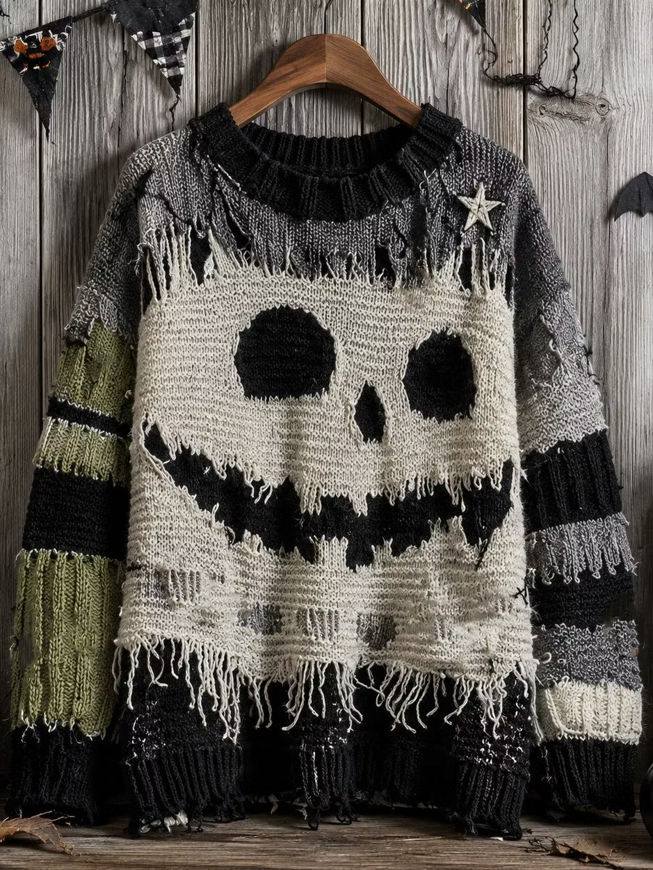 Women's Retro Bohemian Halloween Style Skull Patchwork Print Sweater