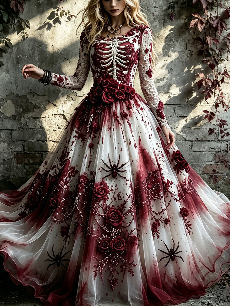 Women's Halloween-themed Human Skeleton Floral Embroidery Linen Blend Round Neck Long Sleeve Dress