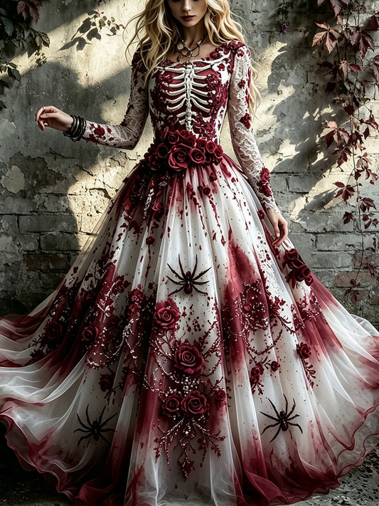 Women's Halloween-themed Human Skeleton Floral Embroidery Linen Blend Round Neck Long Sleeve Dress