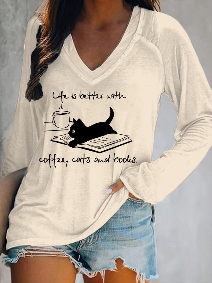 Coffee Cat And Book Print Women's Long-Sleeved V-Neck T-Shirt