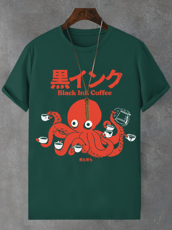 Men's Octopus Coffee Japanese Art Print Cotton Casual T-Shirt