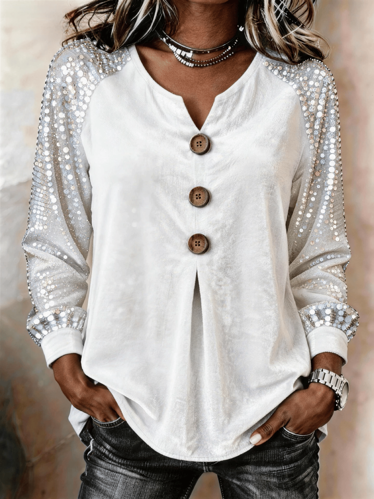 Women's Casual V-Neck Sequin Long-Sleeve Button-Front Top