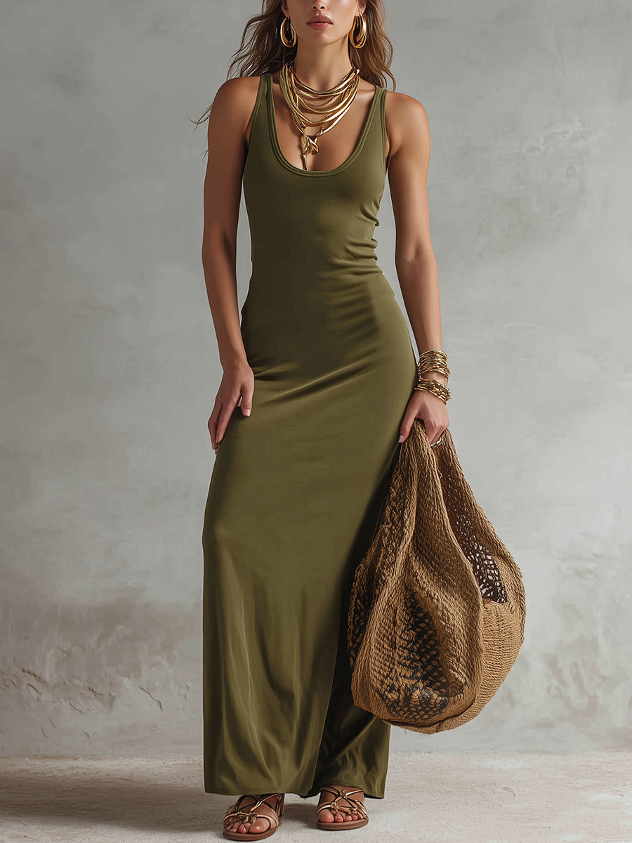 Olive Green Slim Fit Vest Style Minimalist Bohemian Long Dress