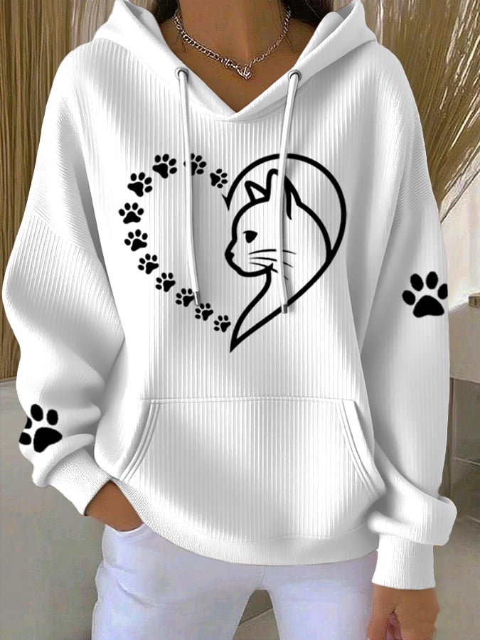 Women's Heart Paw Print Casual Hoodie Sweatshirt