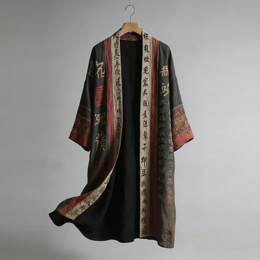 Men's Japanese Retro Calligraphy Art Print Kimono Cardigan