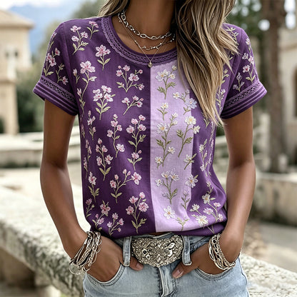 Women's Retro Rose Art Embroidery Color Block Splicing Comfortable Cotton Linen Round Neck Short Sleeve Top
