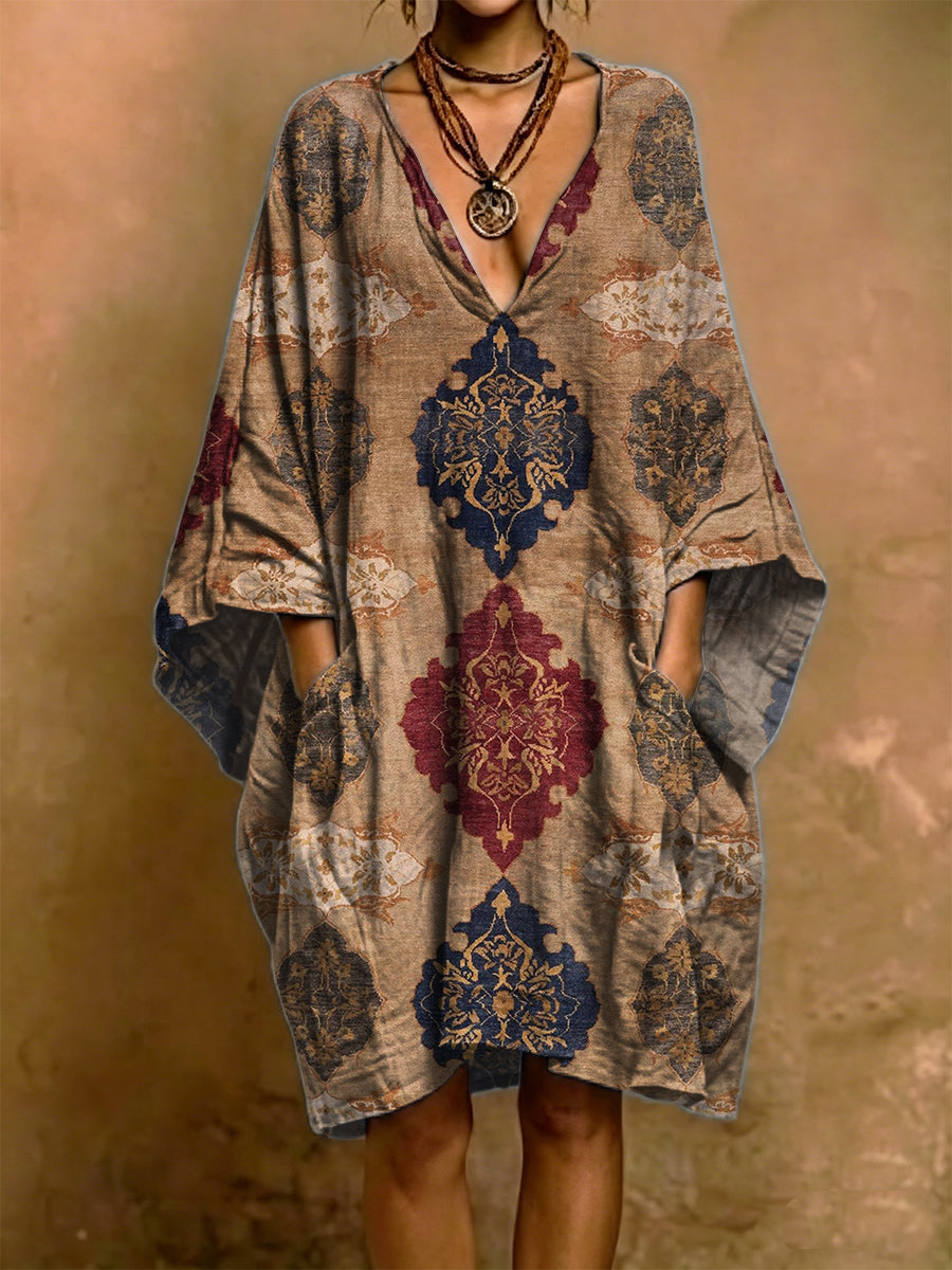 Colorful Exotic Totem Decorative Patterns V Collar Cotton Linen Dress