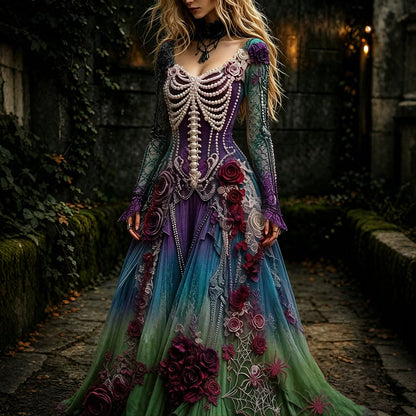 Women's Retro Gothic Skeleton And Rose Gradient Pattern Maxi Halloween Dress