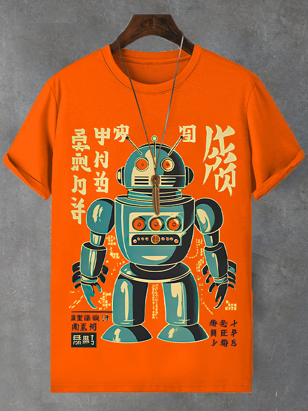 Men's Retro Robot Japanese Art Print Cotton Casual T-Shirt