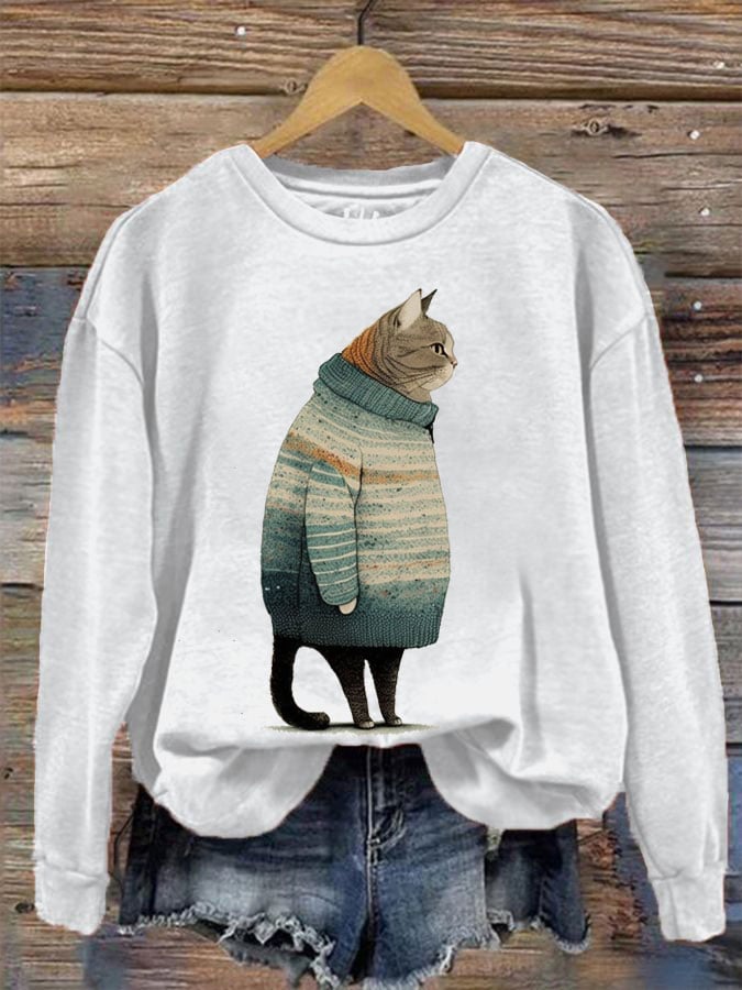 Women's Winter Cat Print Crew Neck Sweatshirt