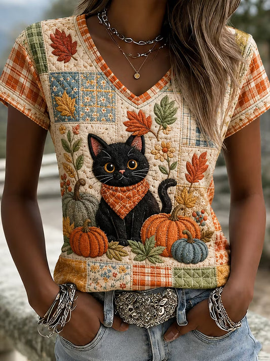 Women's Vintage Pumpkin Cat Patchwork Art Print V-neck Short Sleeve T-shirt
