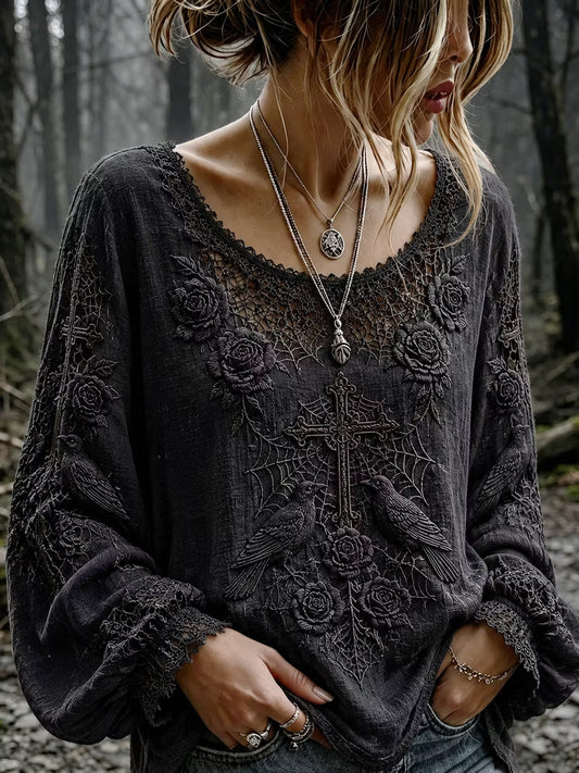 Women's Vintage Halloween Black Rose And Raven Embroidery Art Long Sleeve T-shirt