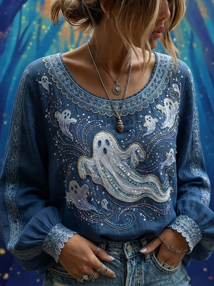 Women's Halloween Gothic Blue Ghost Print Long-sleeve Top