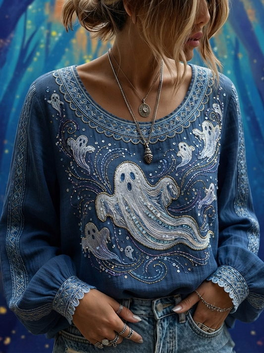 Women's Halloween Gothic Blue Ghost Print Long-sleeve Top