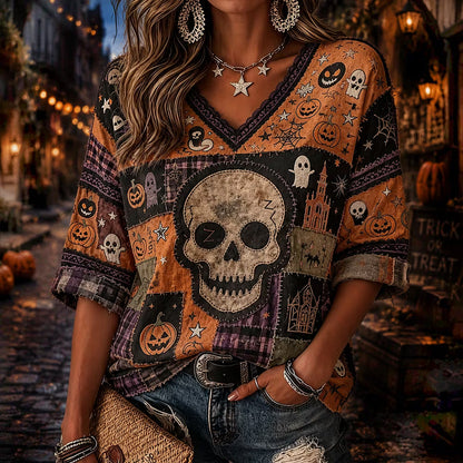 Women's Vintage Halloween Retro Skull Art Patchwork Cotton Linen Casual V-neck Short Sleeve Top