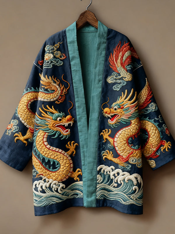Men's Golden Dragon Waves Pattern Kimono Cardigan