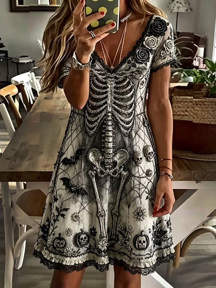Women's Vintage Halloween Skull And Floral Spiderweb Art Casual Short Sleeve Dress