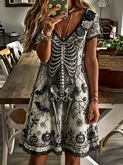 Women's Vintage Halloween Skull And Floral Spiderweb Art Casual Short Sleeve Dress