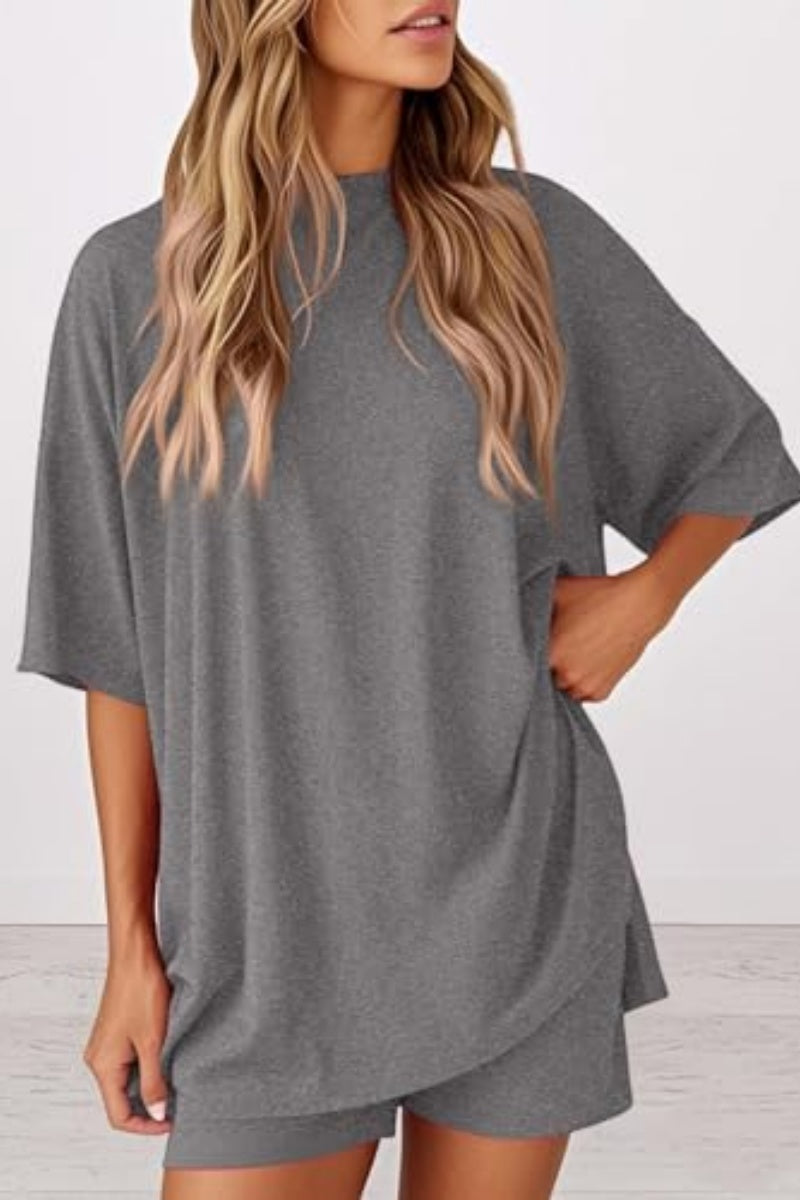 Women 2 Piece Outfits Crew Neck Oversized Tshirts and Biker Shorts with Pocket Matching Lounge Sets