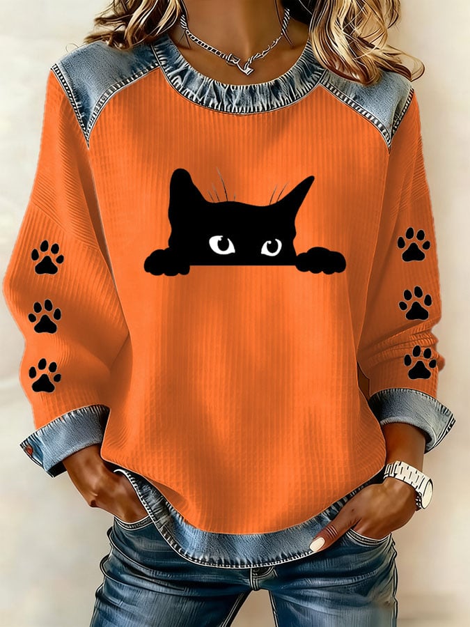 Women's Cute Black Cat Print T-shirt