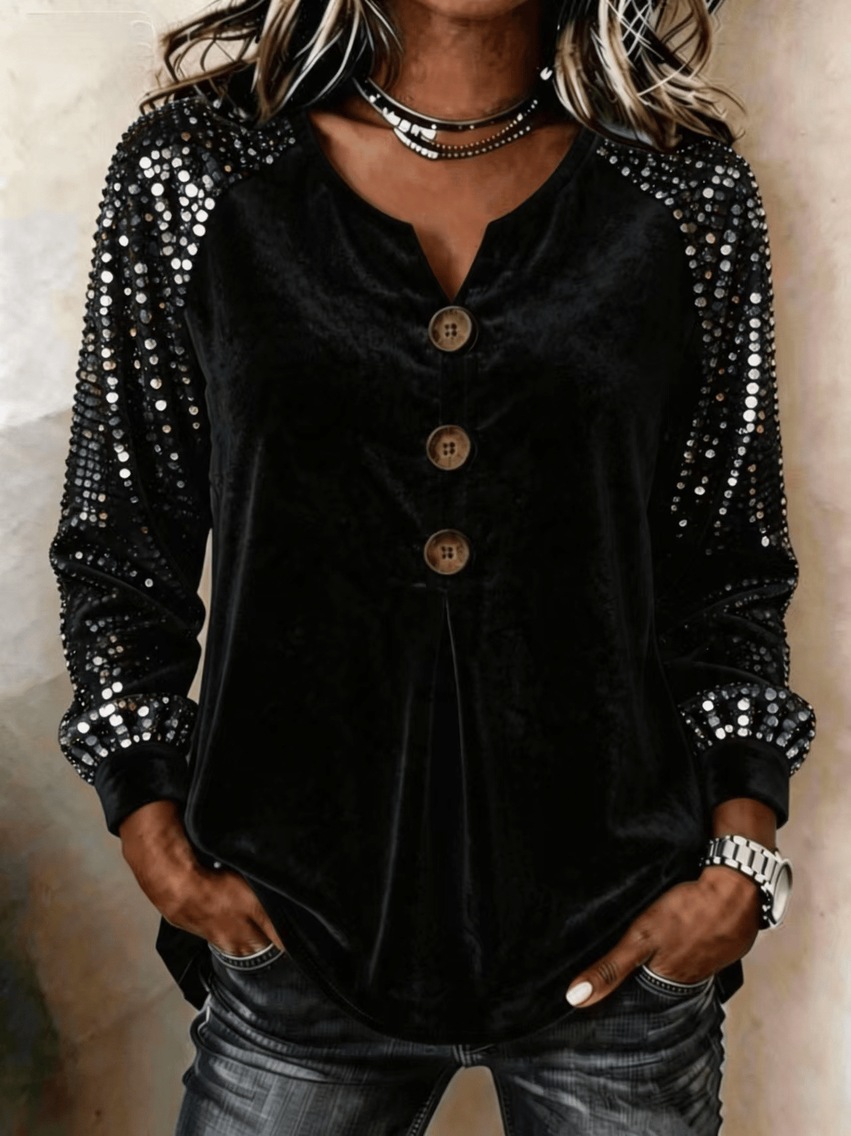 Women's Casual V-Neck Sequin Long-Sleeve Button-Front Top