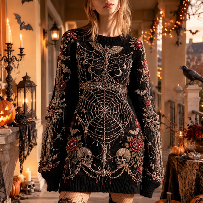 Women's Halloween Gothic Black Spiderweb, Skulls & Roses Embroidered Sweater Dress