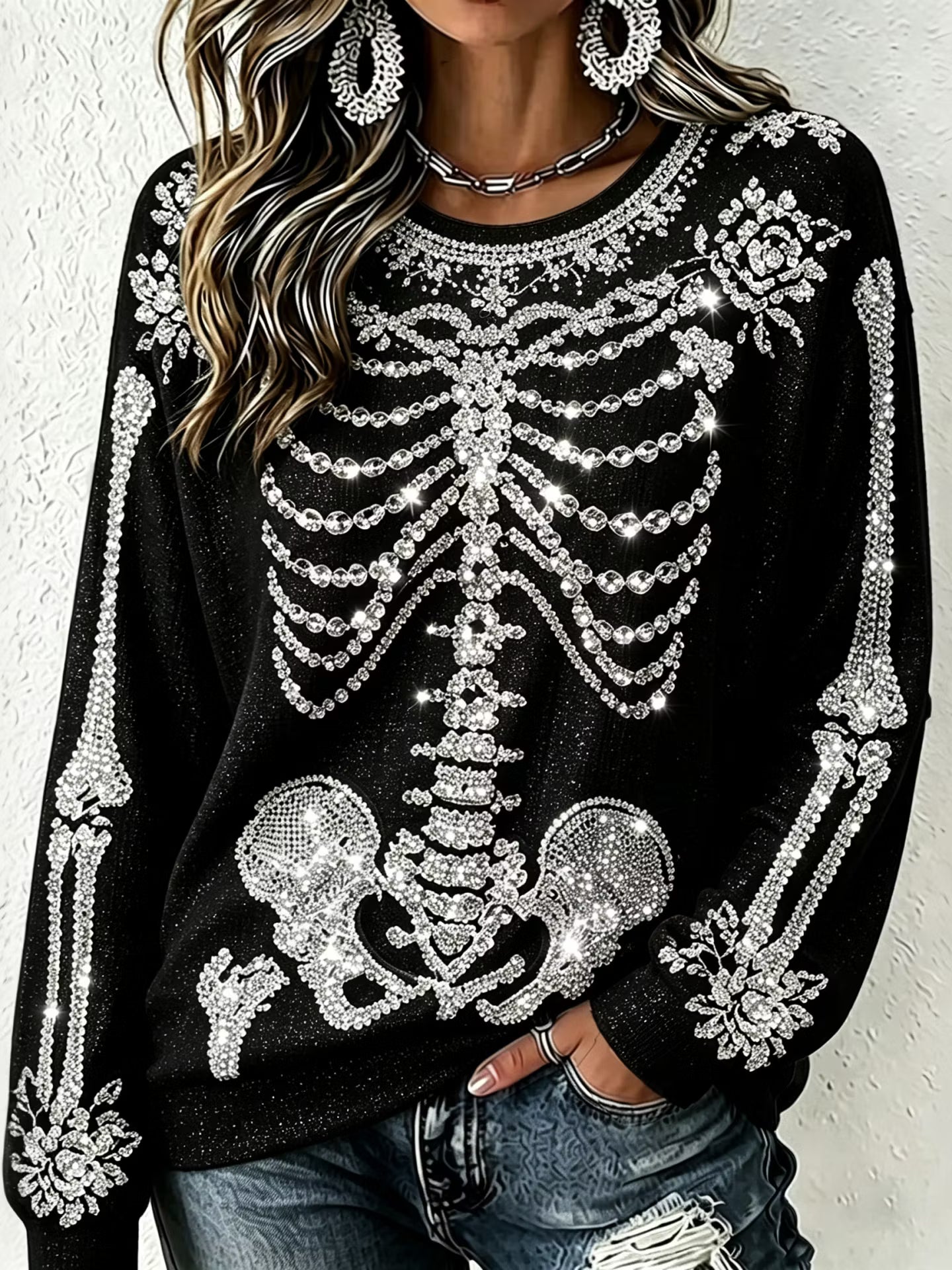 Women's Gothic Halloween Skull Rhinestone Art Crew Neck Sweatshirt