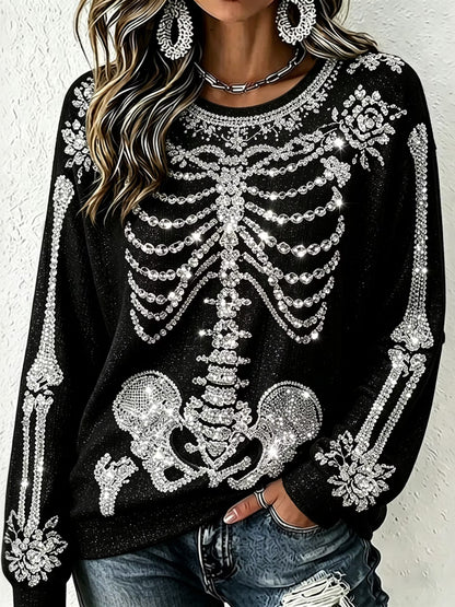 Women's Gothic Halloween Skull Rhinestone Art Crew Neck Sweatshirt