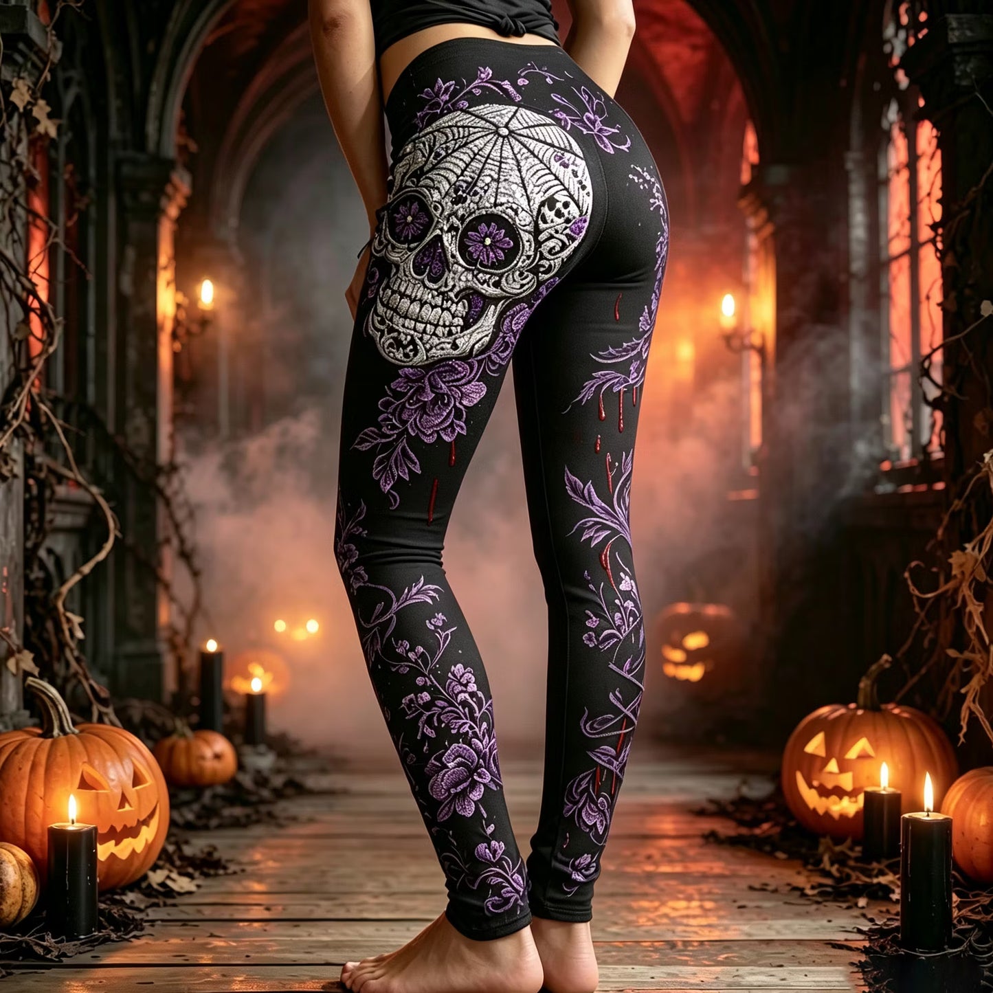 Women's Halloween Skull Bloodstain Floral Print Comfortable Leggings