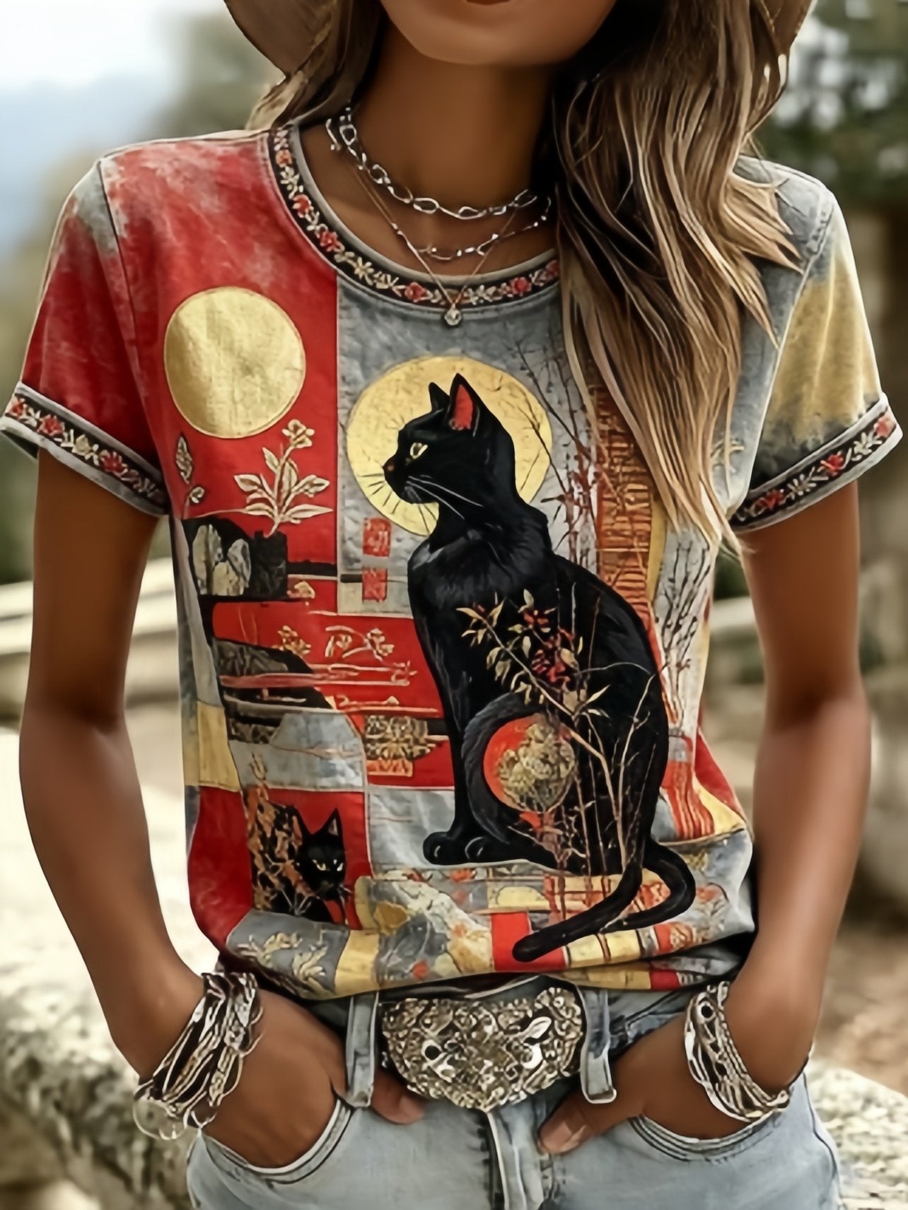 Women's Pastoral Cat Art T-shirt