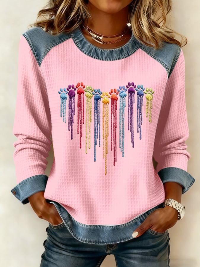 Women's Colorful Dog Heart Paw Print Casual Top